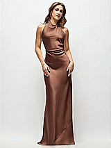 Front View Thumbnail - Cognac High Cowl Neck Open-Back Stretch Satin Bias Maxi Dress