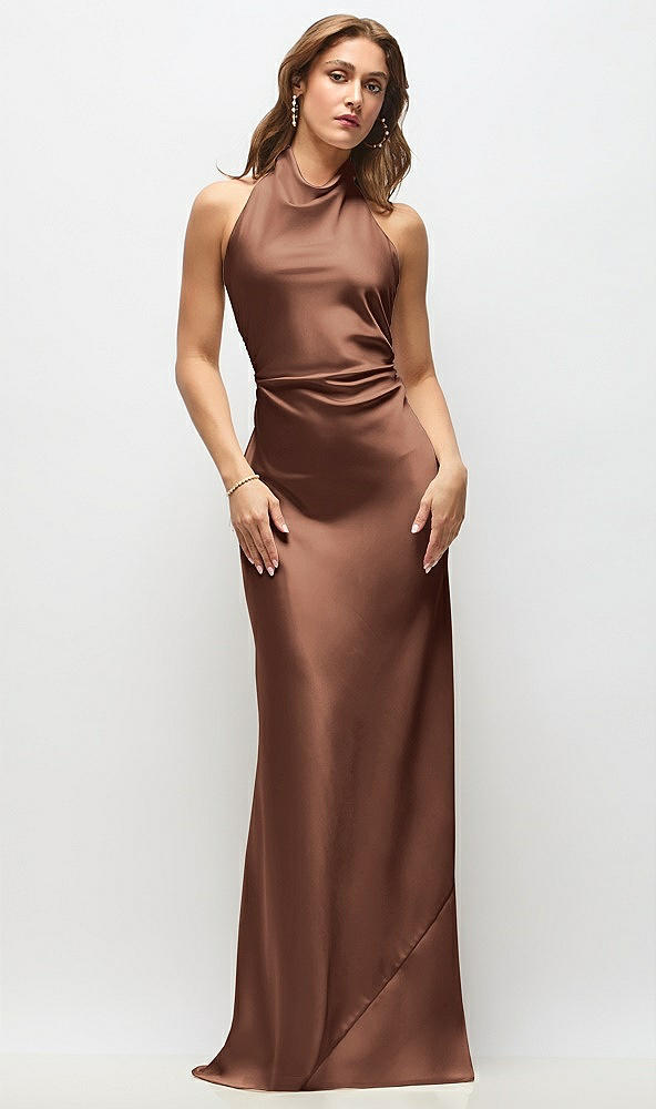 Front View - Cognac High Cowl Neck Open-Back Stretch Satin Bias Maxi Dress