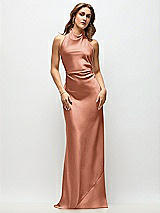 Front View Thumbnail - Copper Penny High Cowl Neck Open-Back Stretch Satin Bias Maxi Dress