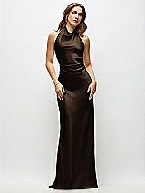 Front View Thumbnail - Espresso High Cowl Neck Open-Back Stretch Satin Bias Maxi Dress