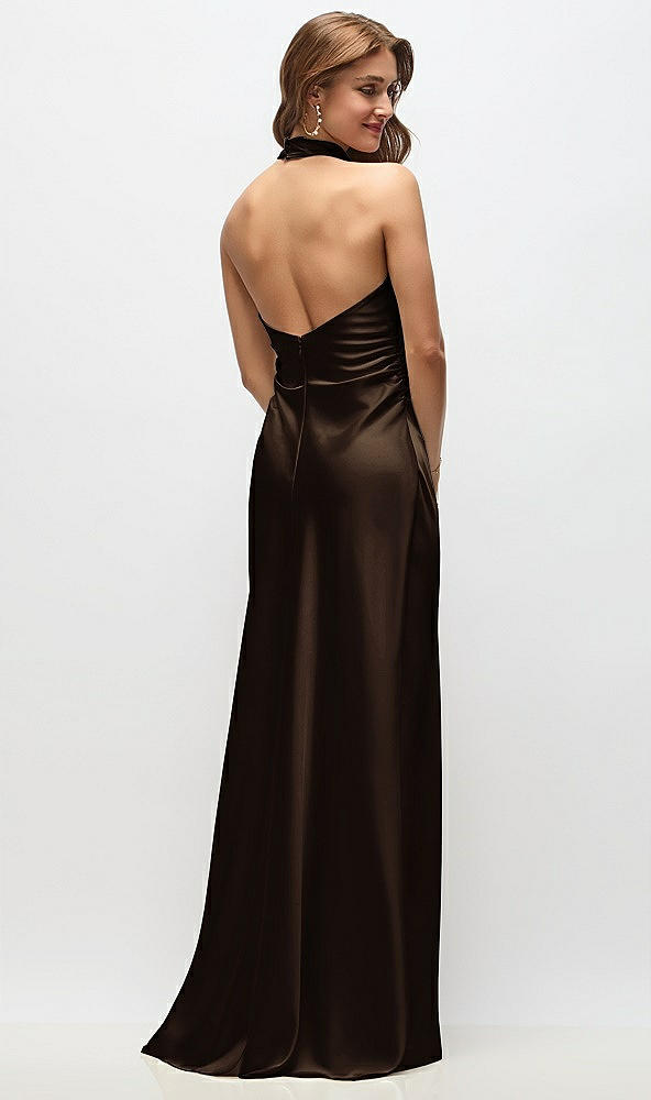 Back View - Espresso High Cowl Neck Open-Back Stretch Satin Bias Maxi Dress