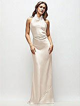 Front View Thumbnail - Oat High Cowl Neck Open-Back Stretch Satin Bias Maxi Dress