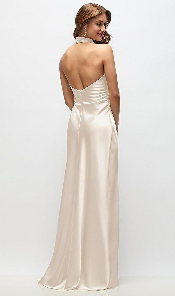Back View - Oat High Cowl Neck Open-Back Stretch Satin Bias Maxi Dress