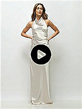 Video 1 Thumbnail - Olive Green High Cowl Neck Open-Back Stretch Satin Bias Maxi Dress