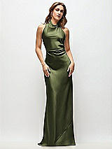 Front View Thumbnail - Olive Green High Cowl Neck Open-Back Stretch Satin Bias Maxi Dress