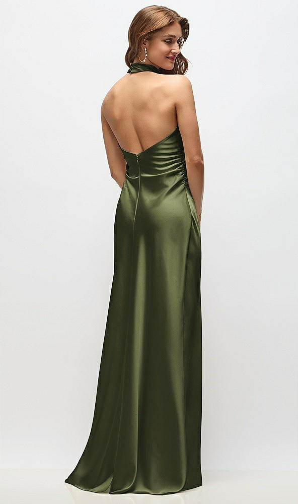 Back View - Olive Green High Cowl Neck Open-Back Stretch Satin Bias Maxi Dress