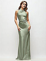 Front View Thumbnail - Sage High Cowl Neck Open-Back Stretch Satin Bias Maxi Dress