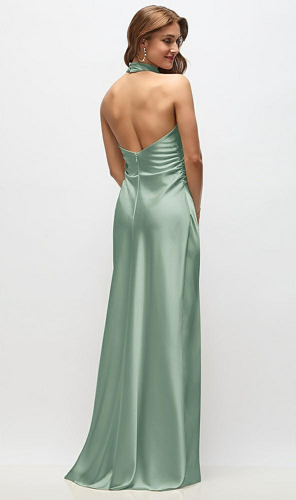 Back View - Seagrass High Cowl Neck Open-Back Stretch Satin Bias Maxi Dress