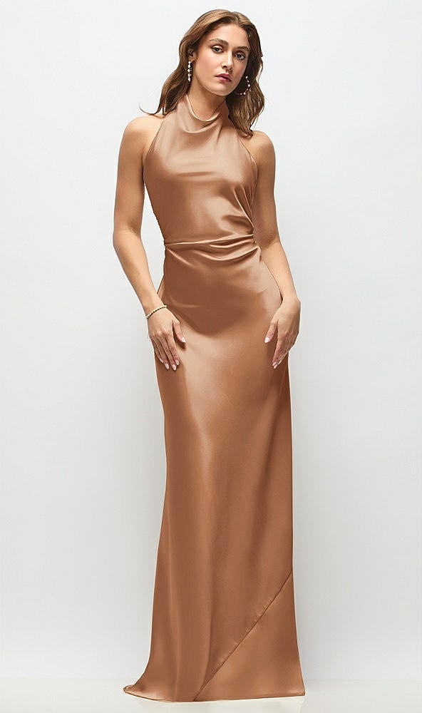 Front View - Toffee High Cowl Neck Open-Back Stretch Satin Bias Maxi Dress