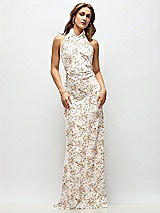 Front View Thumbnail - Golden Hour High Cowl Neck Open-Back Floral Stretch Satin Bias Maxi Dress