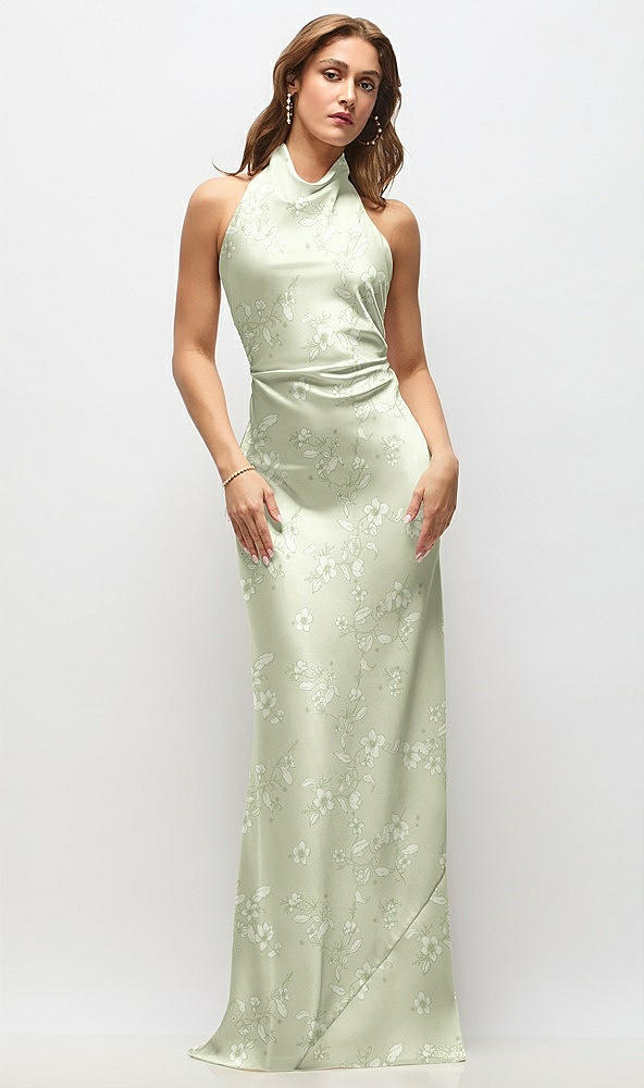 Front View - Vintage Primrose Celadon High Cowl Neck Open-Back Floral Stretch Satin Bias Maxi Dress