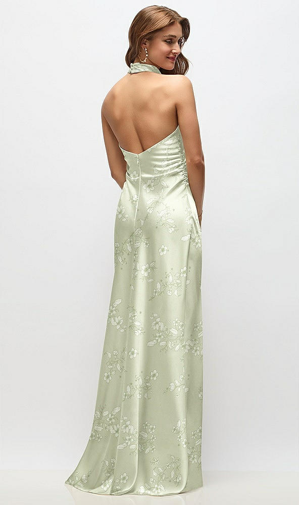 Back View - Vintage Primrose Celadon High Cowl Neck Open-Back Floral Stretch Satin Bias Maxi Dress
