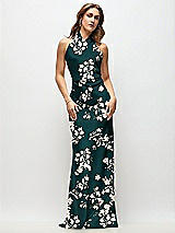 Front View Thumbnail - Vintage Primrose Evergreen High Cowl Neck Open-Back Floral Stretch Satin Bias Maxi Dress