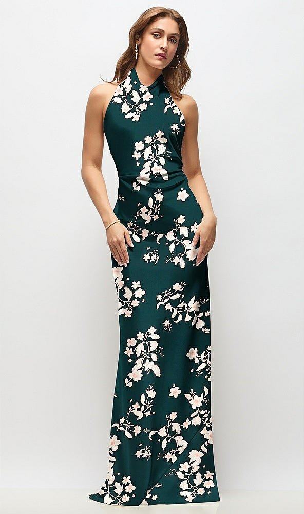 Front View - Vintage Primrose Evergreen High Cowl Neck Open-Back Floral Stretch Satin Bias Maxi Dress
