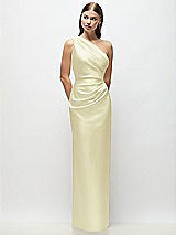Front View Thumbnail - Butter Yellow One-Shoulder Draped Bodice Stretch Satin Column Maxi Dress