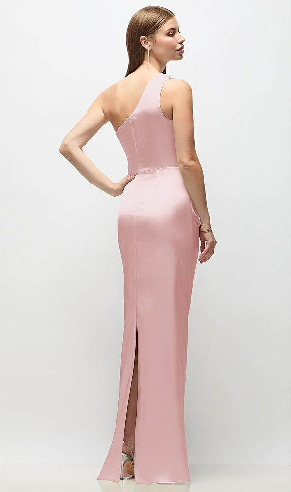 Back View - Ballet Pink One-Shoulder Draped Bodice Stretch Satin Column Maxi Dress