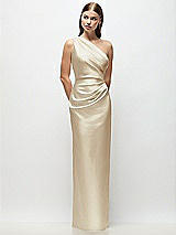 Front View Thumbnail - Champagne One-Shoulder Draped Bodice Stretch Satin Column Maxi Dress