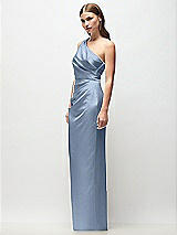 Side View Thumbnail - Cloudy One-Shoulder Draped Bodice Stretch Satin Column Maxi Dress