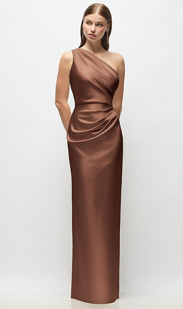 Front View - Cognac One-Shoulder Draped Bodice Stretch Satin Column Maxi Dress