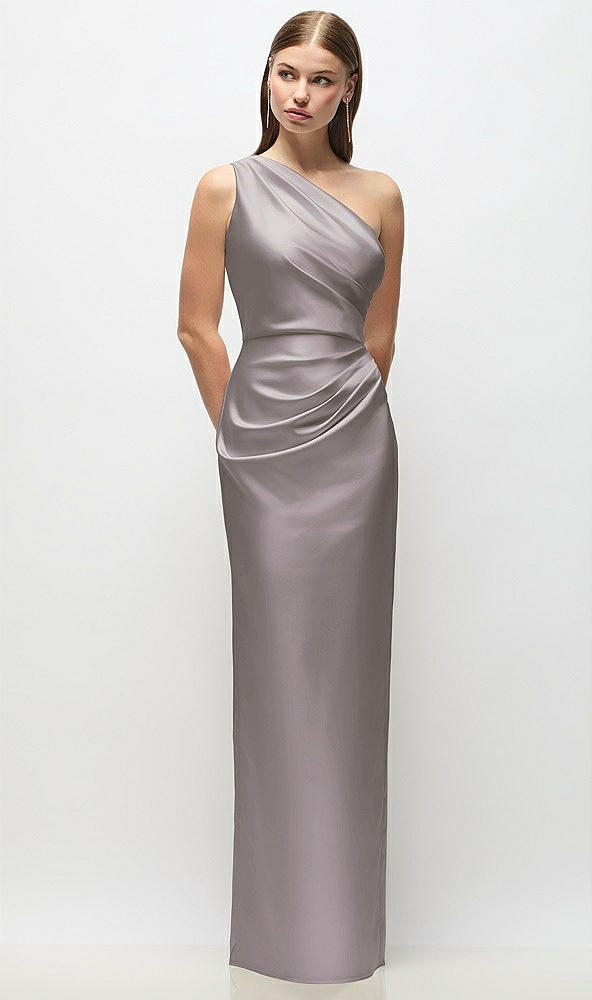 Front View - Cashmere Gray One-Shoulder Draped Bodice Stretch Satin Column Maxi Dress