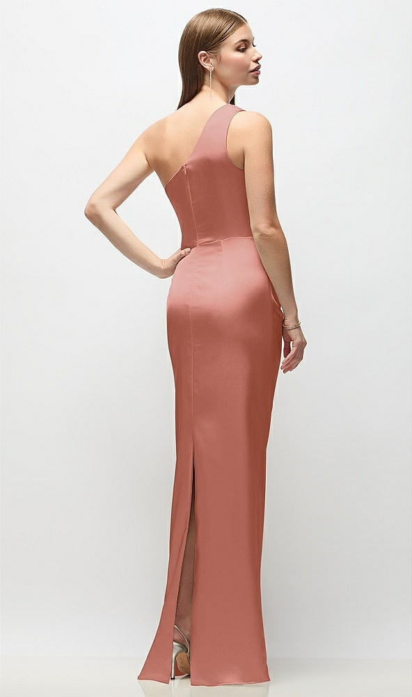 Back View - Desert Rose One-Shoulder Draped Bodice Stretch Satin Column Maxi Dress