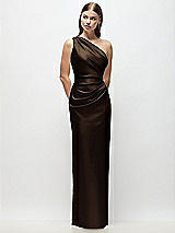 Front View Thumbnail - Espresso One-Shoulder Draped Bodice Stretch Satin Column Maxi Dress