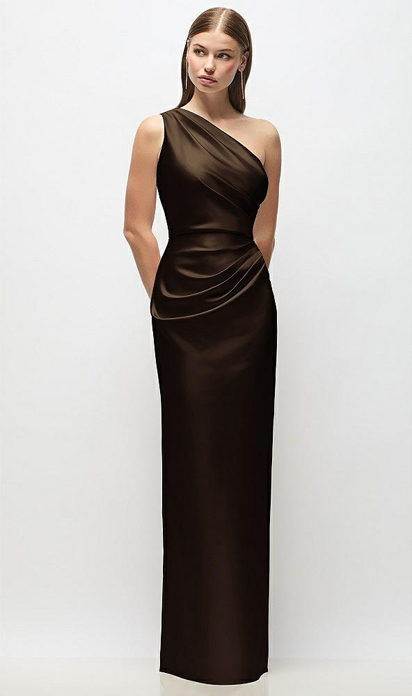 Front View - Espresso One-Shoulder Draped Bodice Stretch Satin Column Maxi Dress