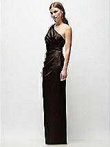 Side View Thumbnail - Espresso One-Shoulder Draped Bodice Stretch Satin Column Maxi Dress
