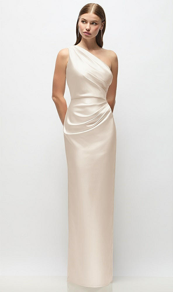 Front View - Oat One-Shoulder Draped Bodice Stretch Satin Column Maxi Dress