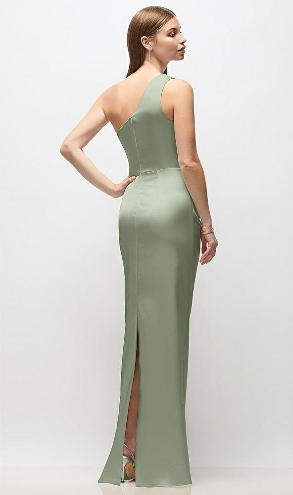 Back View - Sage One-Shoulder Draped Bodice Stretch Satin Column Maxi Dress