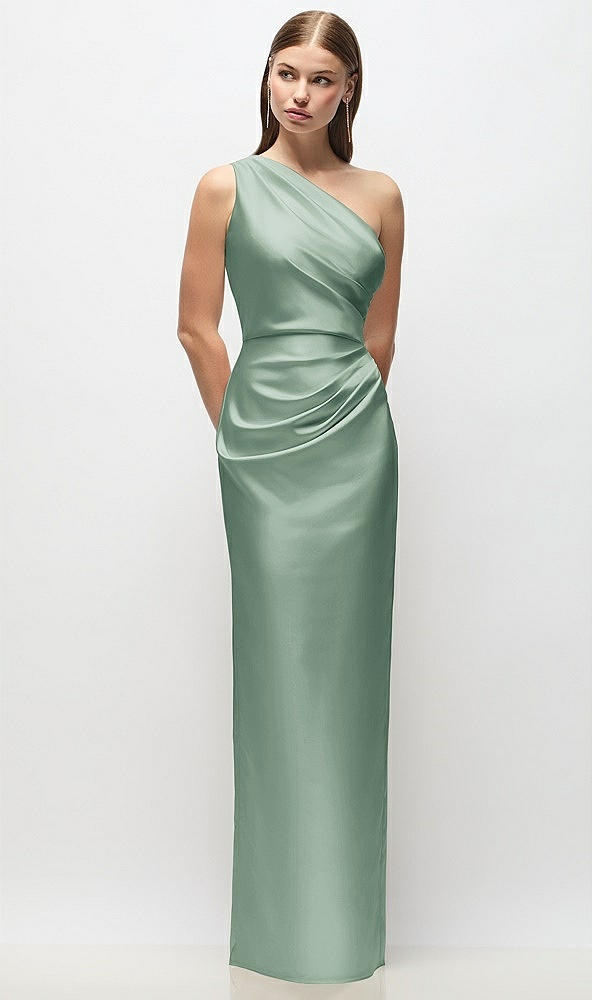 Front View - Seagrass One-Shoulder Draped Bodice Stretch Satin Column Maxi Dress