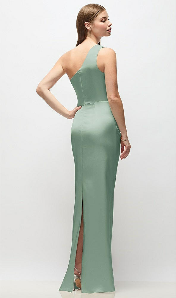 Back View - Seagrass One-Shoulder Draped Bodice Stretch Satin Column Maxi Dress