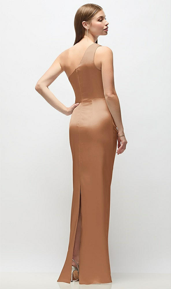 Back View - Toffee One-Shoulder Draped Bodice Stretch Satin Column Maxi Dress