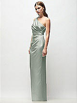 Side View Thumbnail - Willow Green One-Shoulder Draped Bodice Stretch Satin Column Maxi Dress
