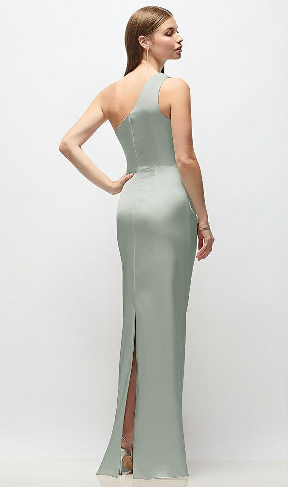 Back View - Willow Green One-Shoulder Draped Bodice Stretch Satin Column Maxi Dress