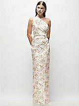 Front View Thumbnail - Golden Hour One-Shoulder Draped Bodice Floral Stretch Satin Column Maxi Dress