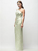 Side View Thumbnail - Vintage Primrose Celadon One-Shoulder Draped Bodice Floral Stretch Satin Column Maxi Dress
