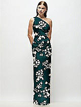 Front View Thumbnail - Vintage Primrose Evergreen One-Shoulder Draped Bodice Floral Stretch Satin Column Maxi Dress