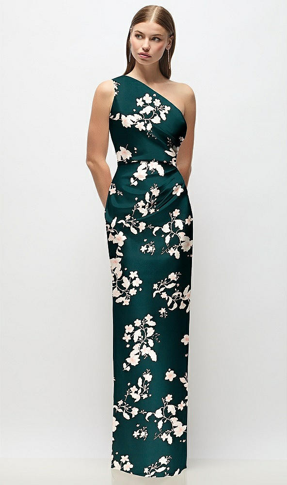 Front View - Vintage Primrose Evergreen One-Shoulder Draped Bodice Floral Stretch Satin Column Maxi Dress