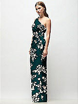 Side View Thumbnail - Vintage Primrose Evergreen One-Shoulder Draped Bodice Floral Stretch Satin Column Maxi Dress