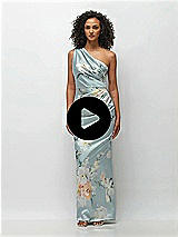 Video 1 Thumbnail - Mist Multi One-Shoulder Draped Bodice Painterly Floral Stretch Satin Column Maxi Dress