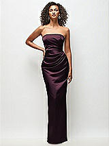 Front View Thumbnail - Deep Plum Strapless Draped Bodice Stretch Satin Column Maxi Dress