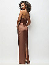 Rear View Thumbnail - Cognac Strapless Draped Bodice Stretch Satin Column Maxi Dress