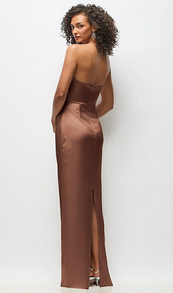 Back View - Cognac Strapless Draped Bodice Stretch Satin Column Maxi Dress