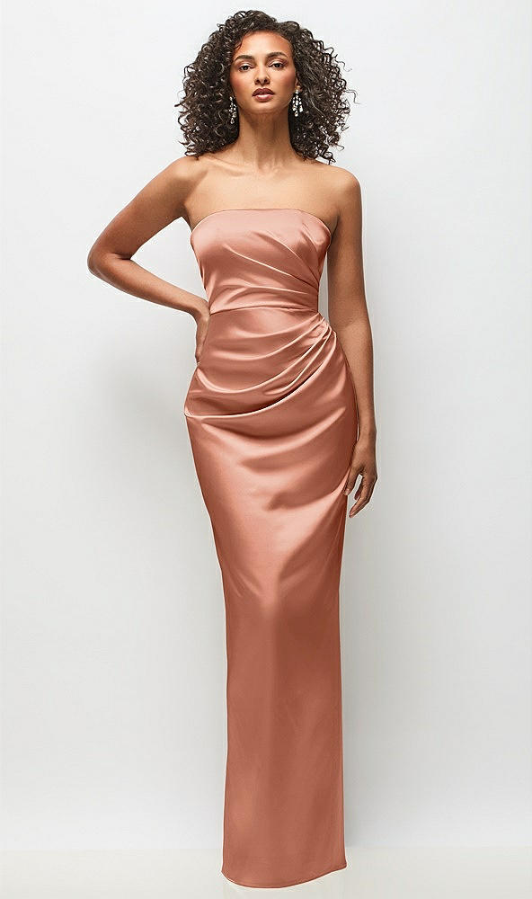 Front View - Copper Penny Strapless Draped Bodice Stretch Satin Column Maxi Dress