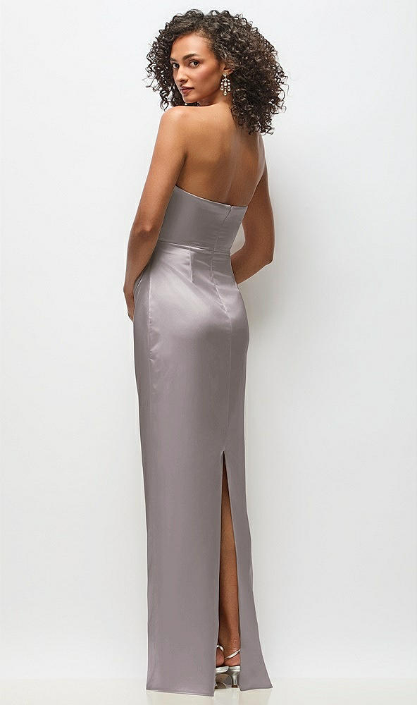 Back View - Cashmere Gray Strapless Draped Bodice Stretch Satin Column Maxi Dress