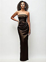 Front View Thumbnail - Espresso Strapless Draped Bodice Stretch Satin Column Maxi Dress