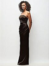 Side View Thumbnail - Espresso Strapless Draped Bodice Stretch Satin Column Maxi Dress
