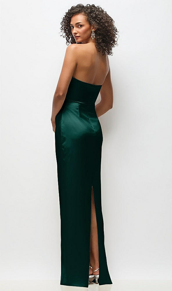 Back View - Evergreen Strapless Draped Bodice Stretch Satin Column Maxi Dress