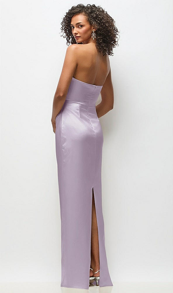 Back View - Lilac Haze Strapless Draped Bodice Stretch Satin Column Maxi Dress
